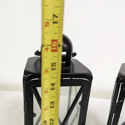 Set of Two Metal and Glass Black Candle Lanterns