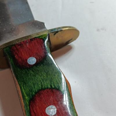 Stainless Pakistan made knife with beautiful multicolored wooden handle.