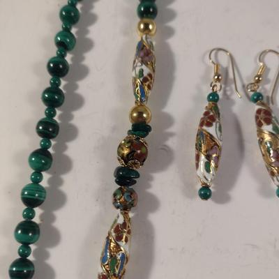 Stone with Enameled Bead Necklace and Earring Set (#8)