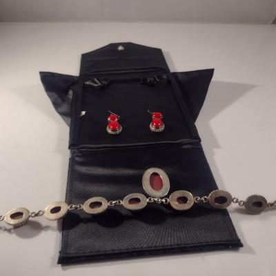 Chunky Red Stone and Sterling Necklace and Earring Set (#20)