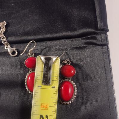Chunky Red Stone and Sterling Necklace and Earring Set (#20)