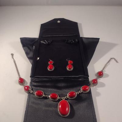 Chunky Red Stone and Sterling Necklace and Earring Set (#20)