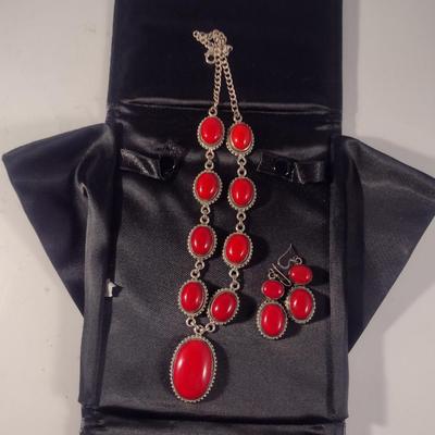 Chunky Red Stone and Sterling Necklace and Earring Set (#20)