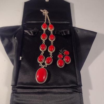 Chunky Red Stone and Sterling Necklace and Earring Set (#20)