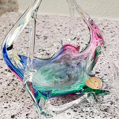 Vintage Murano Venetian Glass Blue Pink Handled Basket Starfish Green