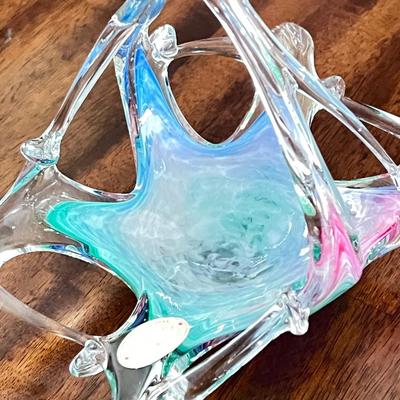 Vintage Murano Venetian Glass Blue Pink Handled Basket Starfish Green