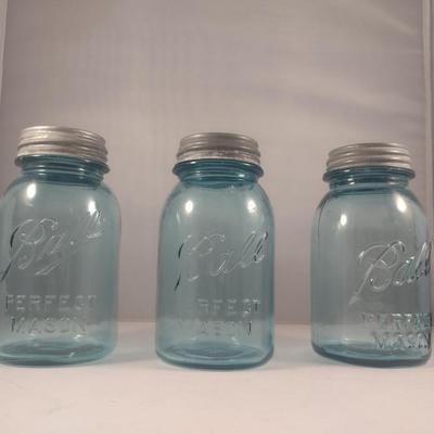 Vintage Quart Size Blue Ball Jars with Galvanized Lids- Three Pieces
