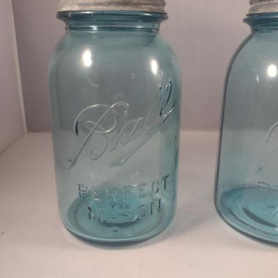 Vintage Quart Size Blue Ball Jars with Galvanized Lids- Three Pieces