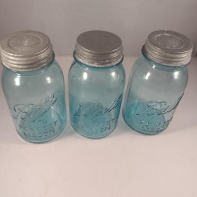 Vintage Quart Size Blue Ball Jars with Galvanized Lids- Three Pieces