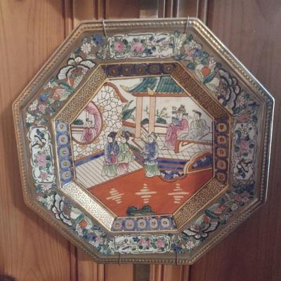 Pair of Ceramic Octagonal Japanese Decorative Plates Andrea by Sadek with Solid Brass Plate Holder
