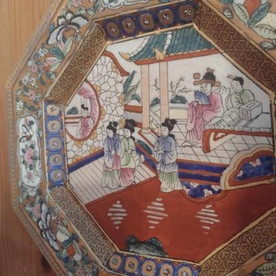 Pair of Ceramic Octagonal Japanese Decorative Plates Andrea by Sadek with Solid Brass Plate Holder