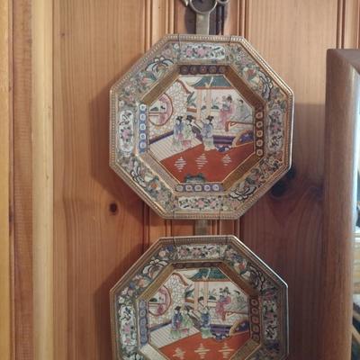 Pair of Ceramic Octagonal Japanese Decorative Plates Andrea by Sadek with Solid Brass Plate Holder