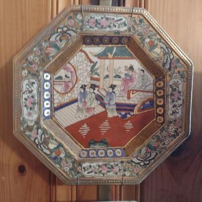 Pair of Ceramic Octagonal Japanese Decorative Plates Andrea by Sadek with Solid Brass Plate Holder
