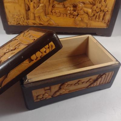 Set of Three High Relief Carved Camphor Wood Storage Boxes