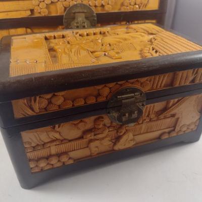 Set of Three High Relief Carved Camphor Wood Storage Boxes