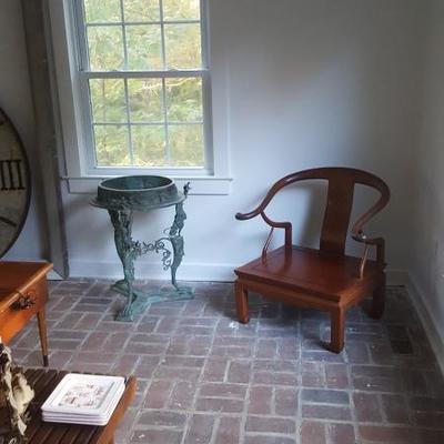 Antique Pair Bronze Side Tables and mid century modern Asian Rosewood Chair
