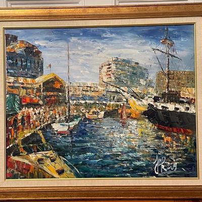Signed Oil Painting Depicitng Boat Harbor