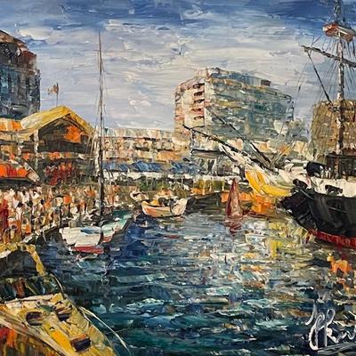Signed Oil Painting Depicitng Boat Harbor
