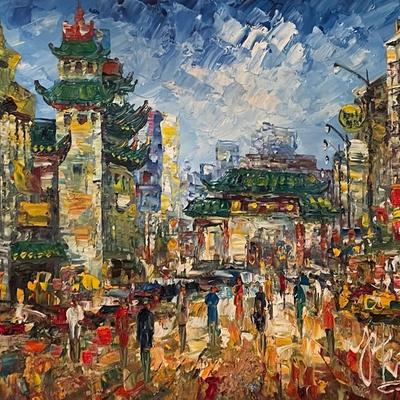 Signed Oil Painting of City Skyline