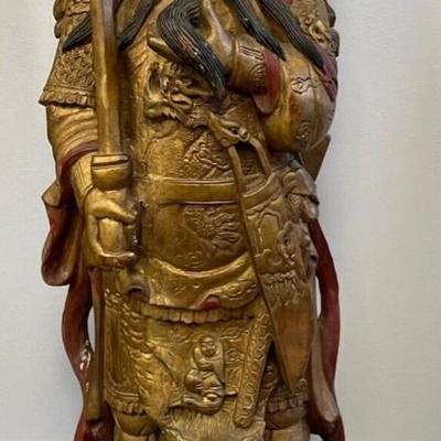 20th Century Chinese Qing Dynasty style Gilt Carved Guan Gong Statue/Stamped