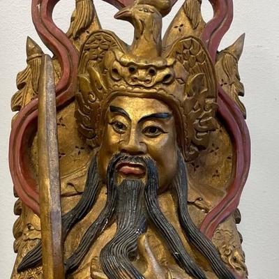 20th Century Chinese Qing Dynasty style Gilt Carved Guan Gong Statue/Stamped