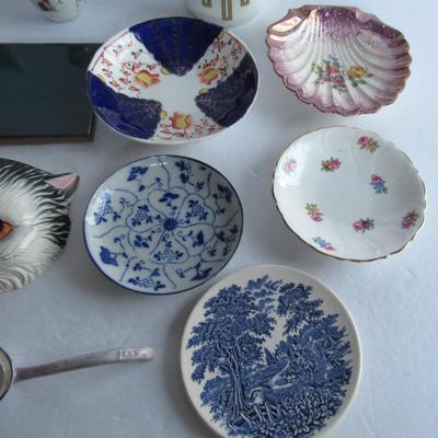 Misc Lot of Small Dishes, Lusterware Ladle, Cat Wall Pocket, More