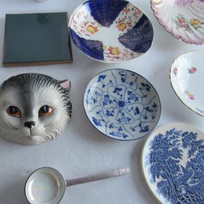 Misc Lot of Small Dishes, Lusterware Ladle, Cat Wall Pocket, More