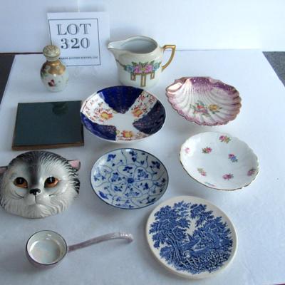 Misc Lot of Small Dishes, Lusterware Ladle, Cat Wall Pocket, More