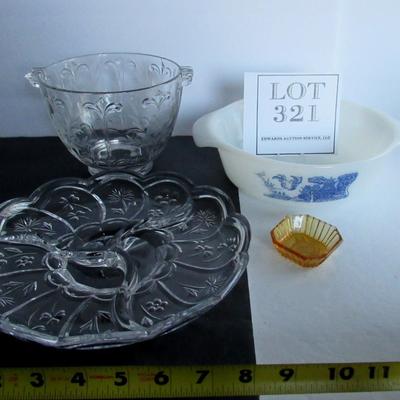 Misc Kitchen Glassware Lot, Salt Dip, Ice Bucket, Tray, Casserole