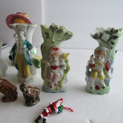 Lot of Vintage Figurines Wade Miniatures, Occupied Japan and Japan Small Vases, Metal Santa