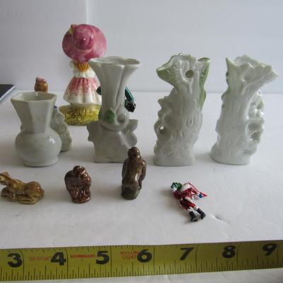 Lot of Vintage Figurines Wade Miniatures, Occupied Japan and Japan Small Vases, Metal Santa