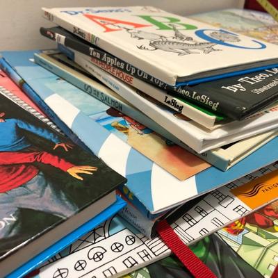Many Great Books and Red Bookcase