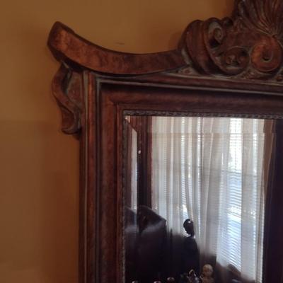 Vintage Wood Framed Wall Mirror with Beveled Glass