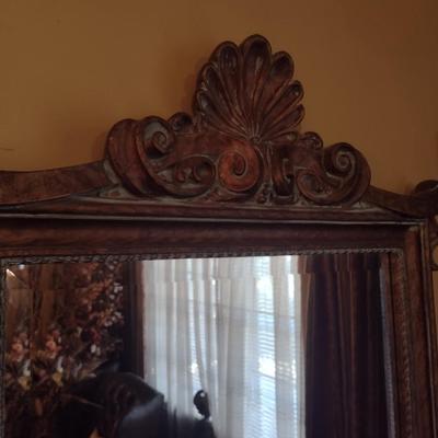 Vintage Wood Framed Wall Mirror with Beveled Glass