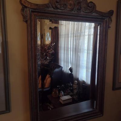 Vintage Wood Framed Wall Mirror with Beveled Glass