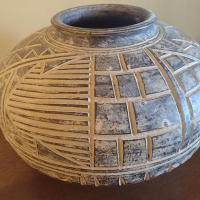 Clay Pottery Planter with Incised Design