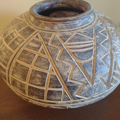 Clay Pottery Planter with Incised Design