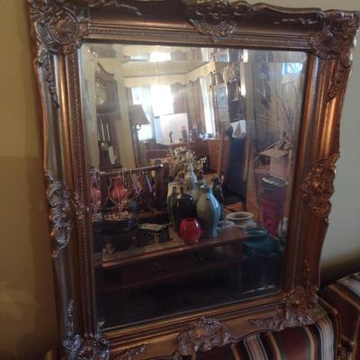 Vintage French Country Wood Framed Wall Mirror with Beveled Glass