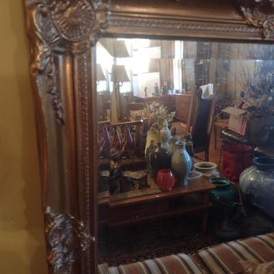 Vintage French Country Wood Framed Wall Mirror with Beveled Glass