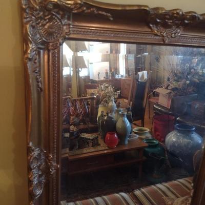 Vintage French Country Wood Framed Wall Mirror with Beveled Glass