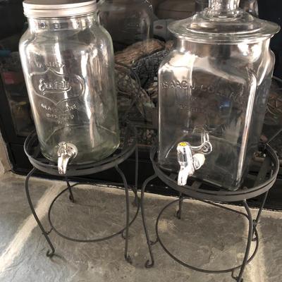 Two Metal Planters / Sun Tea Glass Jar Dispensers