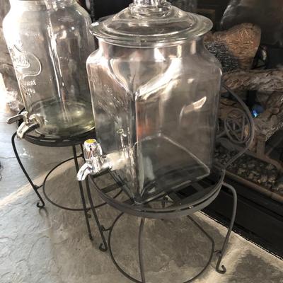 Two Metal Planters / Sun Tea Glass Jar Dispensers