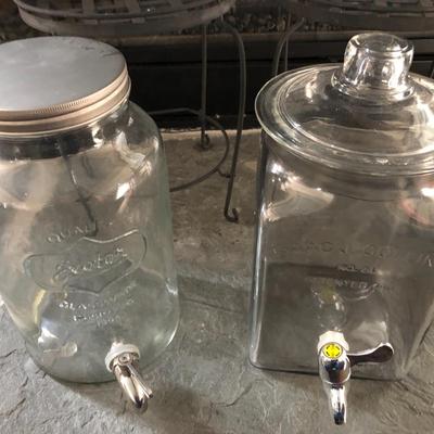 Two Metal Planters / Sun Tea Glass Jar Dispensers