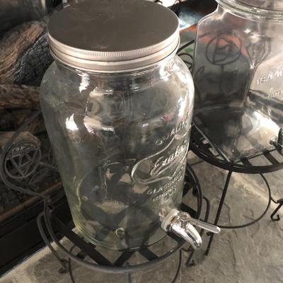 Two Metal Planters / Sun Tea Glass Jar Dispensers