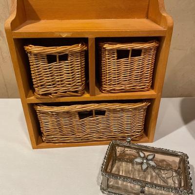 Small glass trinket box & wood/wicker wall organizer