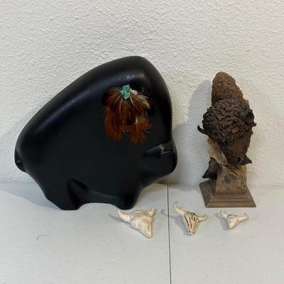 HAND CARVED WOODEN BUFFALO AND BUFFALO SCULPTURE BY SLOCKBOWER
