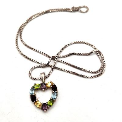 Lot #36D Sterling Silver Heart Necklace - semi-precious stones