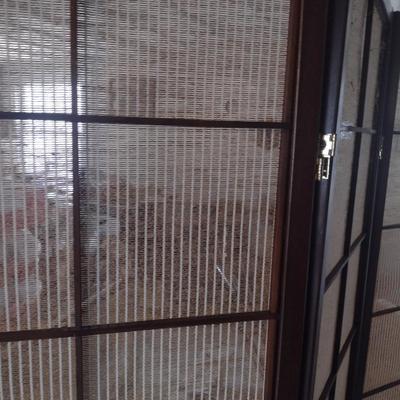 Three Panel Wood Framed Privacy Screen with Sheer Fabric Cover