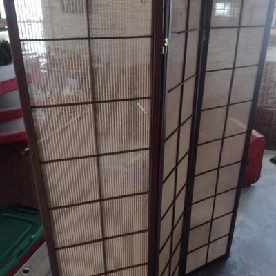Three Panel Wood Framed Privacy Screen with Sheer Fabric Cover