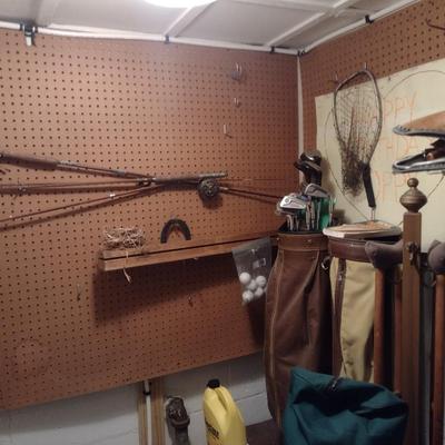 Entire Contents of Sports Theme Room Golf Clubs, Golf Bags, Vintage Fishing Poles and Reels and More
